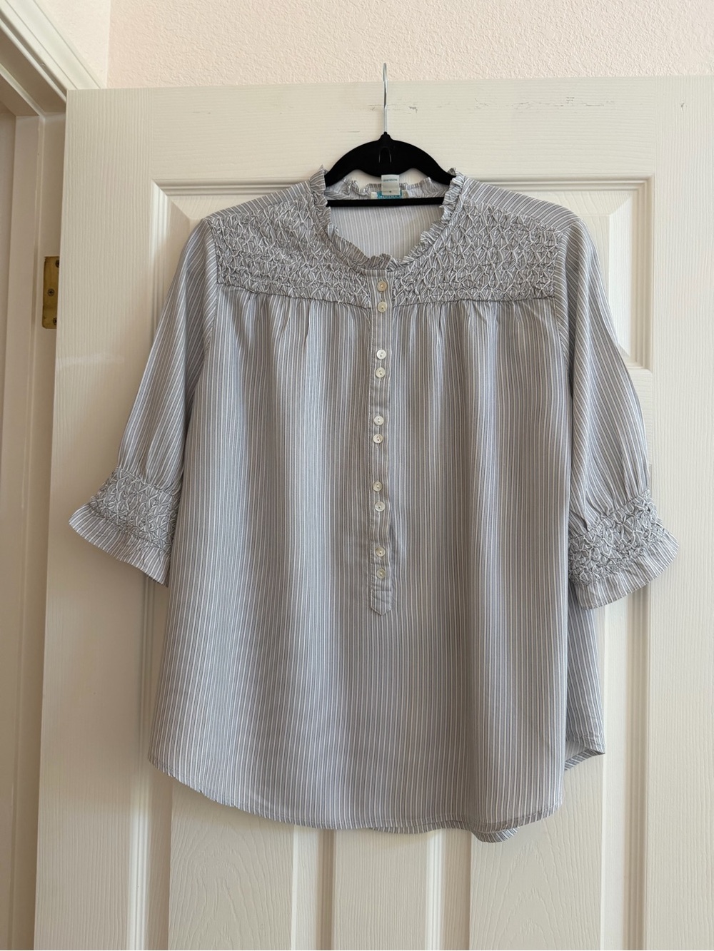 Sundance Women's Light Blue Striped Smocked Yoke Blouse